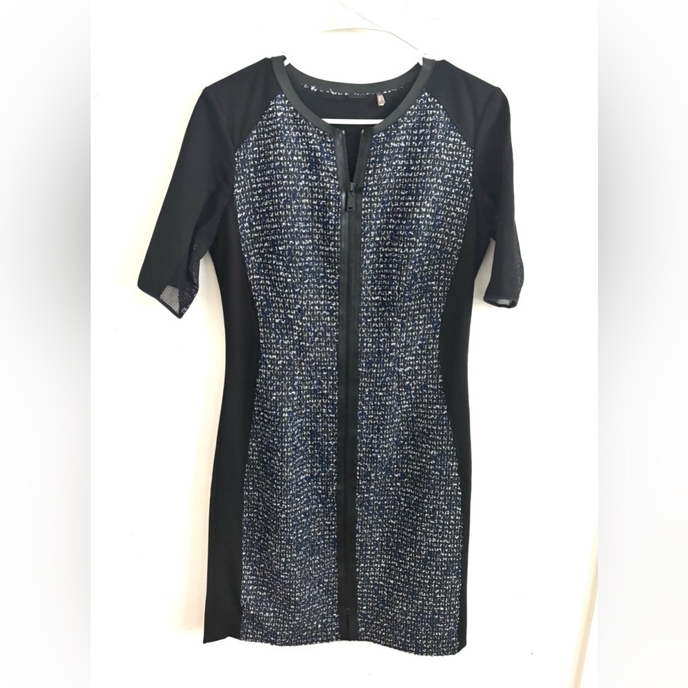 Elie Tahari tweed navy black dress with front full zipper 3/4 sleeves 6 office